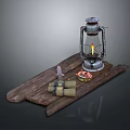 Vintage Lantern Lighting Set With Wooden Board Knife Binoculars And Small Box