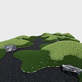 Garden Landscape Design With Wavy Gray Paths Green Grid Areas And Black Stones