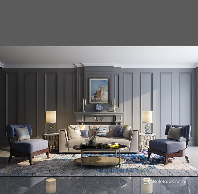 Elegant Living Room With Beige Sofa Coffee Table Set Blue Armchairs And Gray Paneled Walls 3d model 