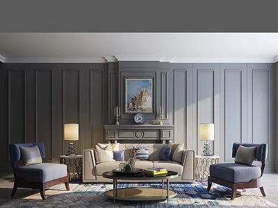 Elegant Living Room With Beige Sofa Coffee Table Set Blue Armchairs And Gray Paneled Walls 3d model