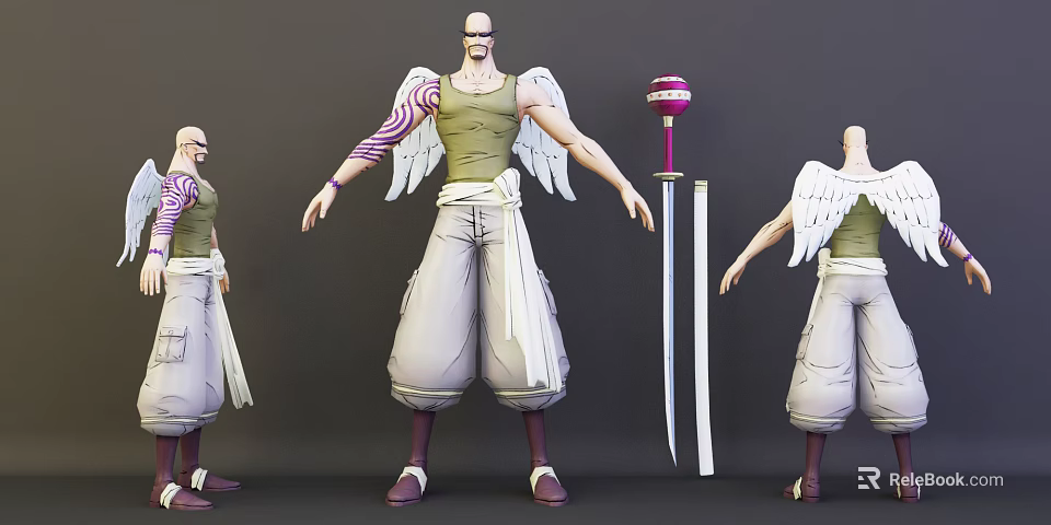 Game Movie Character Design Featuring White Wings Green Tank Top Purple Arm Tattoo Long Sword 3d model 
