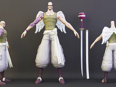 Game Movie Character Design Featuring White Wings Green Tank Top Purple Arm Tattoo Long Sword 3d model