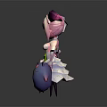 Pink Haired Girl In White Dress Holding Flower Bouquet And Blue Chubby Heart Pattern Creature