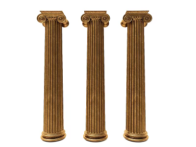 Three Golden Roman Columns With Fluted Design And Ornate Capital Details 3d model