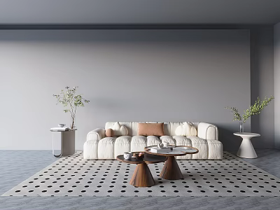 Modern Cozy Sofa Set With Plush Cushions Side Tables Plants Coffee Table On Perforated Rug 3d model