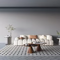 Modern Cozy Sofa Set With Plush Cushions Side Tables Plants Coffee Table On Perforated Rug