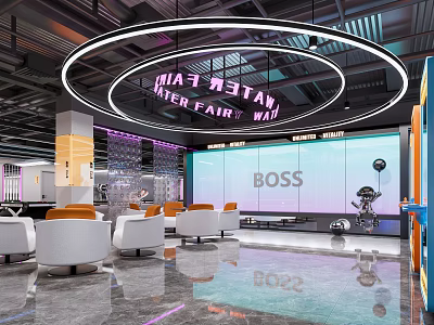 Modern Open Billiard Room Featuring Neon Signs Large BOSS Screen White Sofas And Marble Flooring 3d model