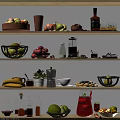 Fresh Assorted Fruits Bananas Pears Apples and Blueberries on Wooden Shelves with Bowls Coffee Maker
