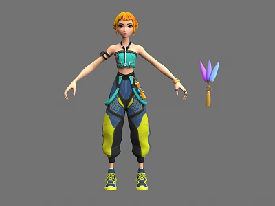 Woman Wearing Turquoise Top Blue Yellow Pants Orange Short Hair And Purple Blue Feathered Item 3d model