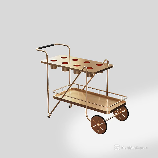 Two Tier Metal Serving Cart With Top Cup Holders Black Handle And Wheels 3d model 