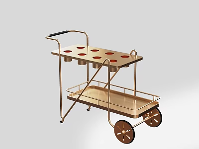Two Tier Metal Serving Cart With Top Cup Holders Black Handle And Wheels 3d model