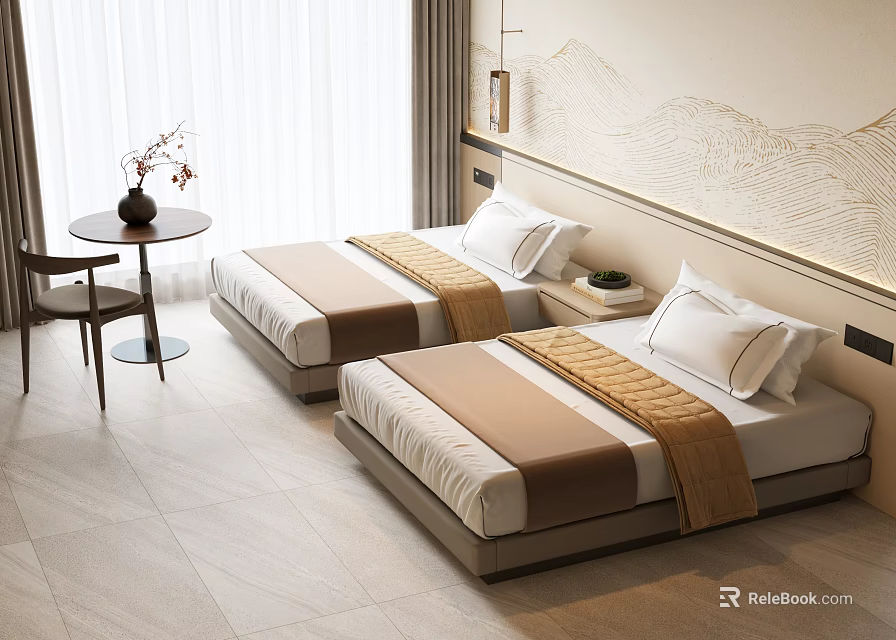 Hotel Guest Room with Twin Beds Mountain Pattern Wall Decor Side Table Chair and Vase 3d model 