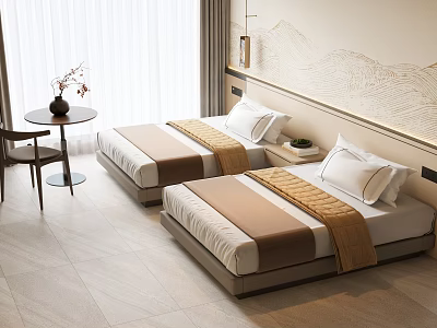 Hotel Guest Room with Twin Beds Mountain Pattern Wall Decor Side Table Chair and Vase 3d model