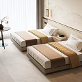 Hotel Guest Room with Twin Beds Mountain Pattern Wall Decor Side Table Chair and Vase