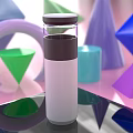 White Cup With Dark Lid Surrounded By Colorful Geometric Shapes On Shiny Surface