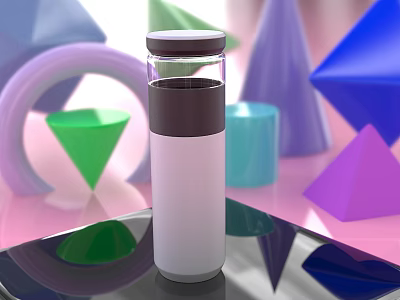 White Cup With Dark Lid Surrounded By Colorful Geometric Shapes On Shiny Surface 3d model