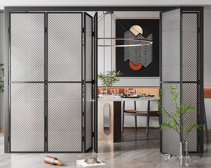 Modern Folding Doors with Perforated Metal Mesh Frame in Contemporary Dining Interior 3d model 