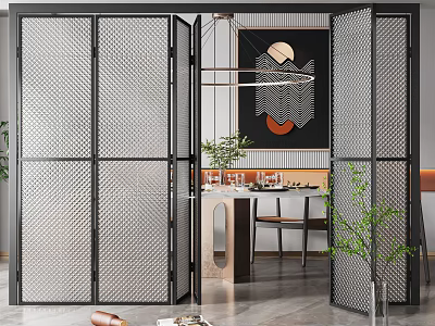Modern Folding Doors with Perforated Metal Mesh Frame in Contemporary Dining Interior 3d model