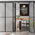 Modern Folding Doors with Perforated Metal Mesh Frame in Contemporary Dining Interior 3d model