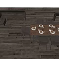 Outdoor Dining Table Set With Wooden Deck Chairs Bench And Tableware 3d model