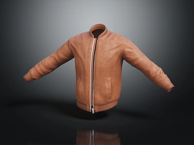 Brown Leather Jacket With Zipper Closure And Long Sleeves Casual Style 3d model