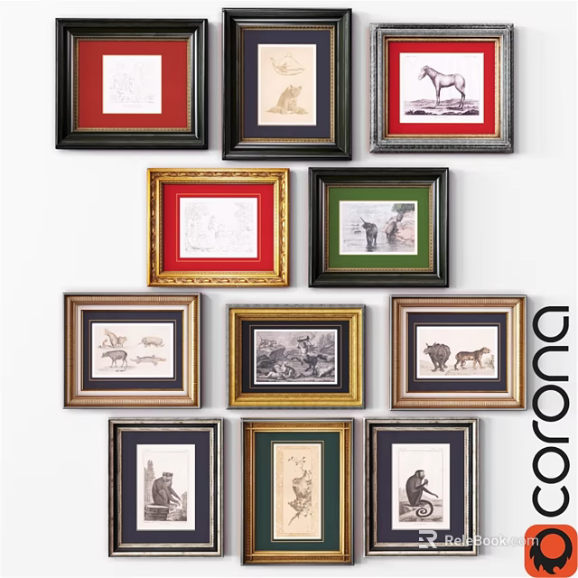 Decorative Framed Artworks With Red Green Gold Borders And Animal Illustrations On Wall 3d model 