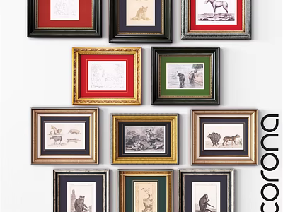 Decorative Framed Artworks With Red Green Gold Borders And Animal Illustrations On Wall 3d model