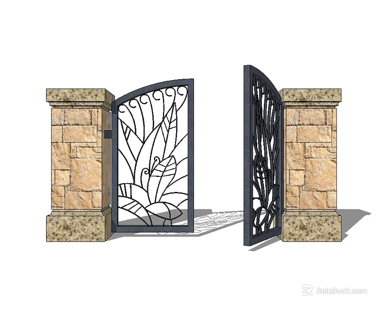 Elegant Wrought Iron Gate With Intricate Floral Design And Stone Pillars Open 3d model 