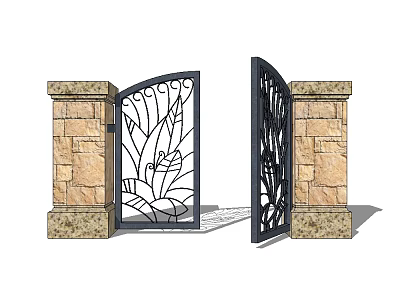Elegant Wrought Iron Gate With Intricate Floral Design And Stone Pillars Open 3d model