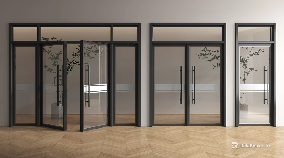 Modern Interior Double Doors With Black Frame Transparent Glass Plant Background And Wooden Floor 3d model 