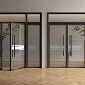 Modern Interior Double Doors With Black Frame Transparent Glass Plant Background And Wooden Floor