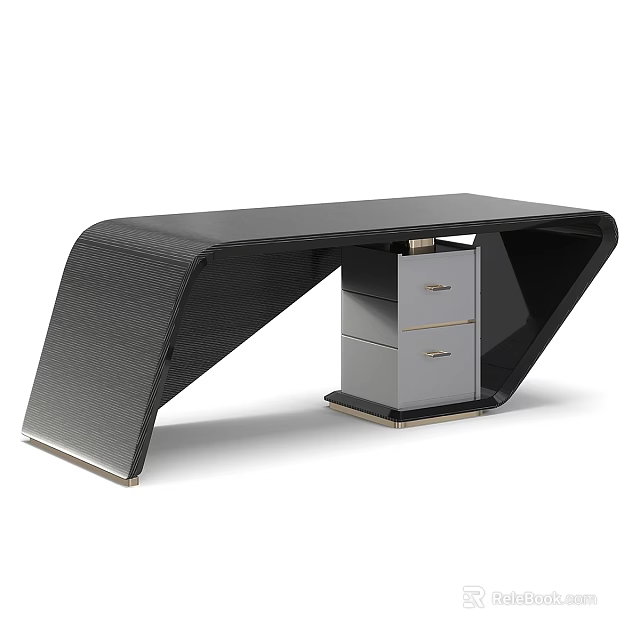 Unique Modern Curved Carbon Fiber Desk With Glossy Storage Drawer Unit For Luxury Home Office 3d model 