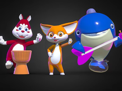 Colorful Cartoon Rabbit Fox and Whale Playing Musical Instruments Together 3d model