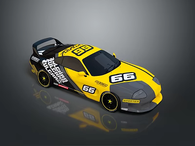 Yellow And Black Racing Car With Number 66 Turbo And Sticky Tire Details 3d model