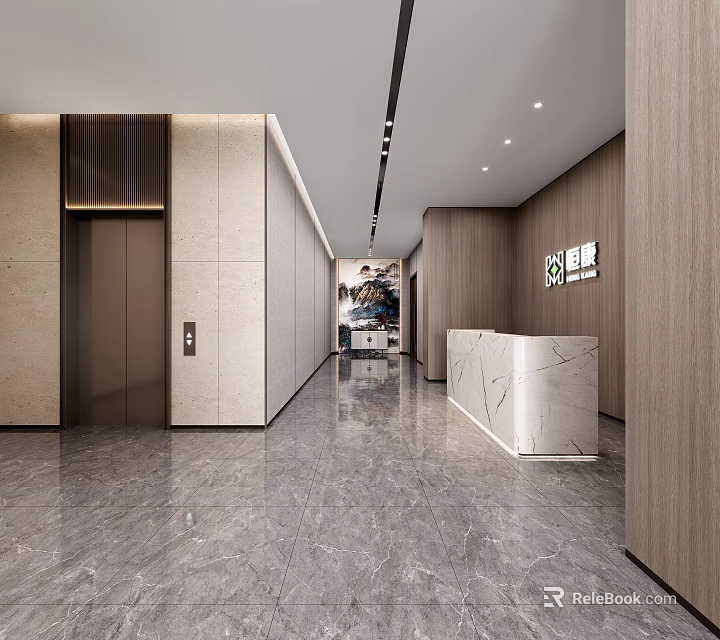 Elegant Modern Elevator Corridor With Marble Floor Reception Desk Wall Art And Lighting 3d model 