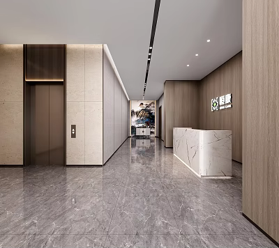 Elegant Modern Elevator Corridor With Marble Floor Reception Desk Wall Art And Lighting 3d model