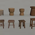 Various Wooden Stools With Different Designs Displayed On Two Shelves 3d model