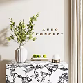 White Vase With Green Leaves On Marble Table With Books Limes And Decorative Ball