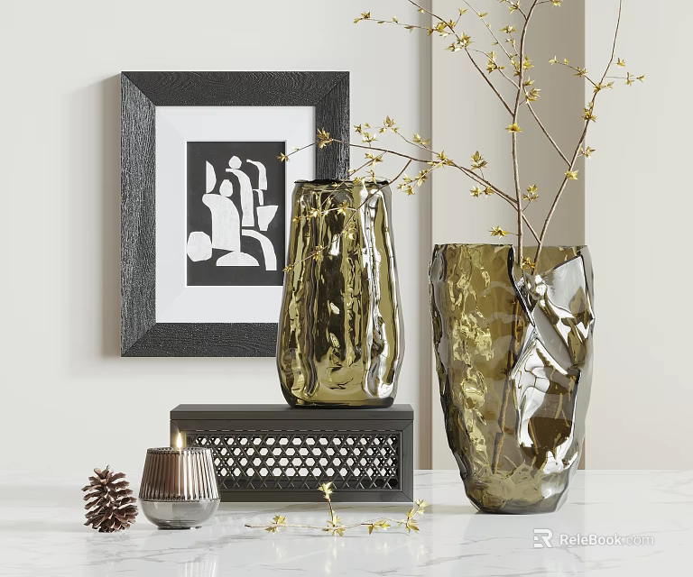 Metallic Textured Decorative Vases With Floral Branches And Wall Art 3d model 