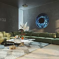 Modern Living Room Interior With Green Sofa Round Rug And Floor to Ceiling Windows