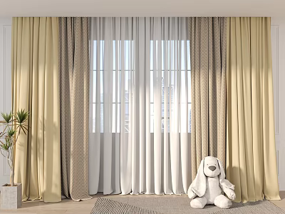 Cozy Modern Curtains In Beige Gray Sheer Panels With Stuffed Rabbit And Potted Plant 3d model