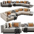 Modern Gray Sectional Sofa With Brown Decorative Pillows And Throw Blanket 3d model