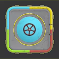 Concrete Round Mechanical Gate With Red Wheel And Colorful Borders In Blue Yellow Green Red