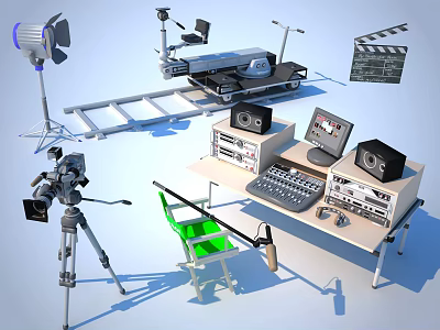 Professional Commercial Filming Equipment with Camera Tripod Lighting Control Console Director Chair Track and Clapperboard 3d model