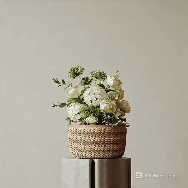 Woven Basket Vase With White Hydrangeas Roses And Green Foliage On Neutral Background 3d model 