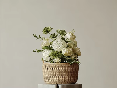 Woven Basket Vase With White Hydrangeas Roses And Green Foliage On Neutral Background 3d model