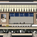 Modern Restaurant Interior With Bar Counter White Bowls And Wine Bottles