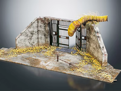 Rustic Entrance Gate With Weathered Stone Walls Scattered Yellow Fallen Leaves And Curved Yellow Vine 3d model