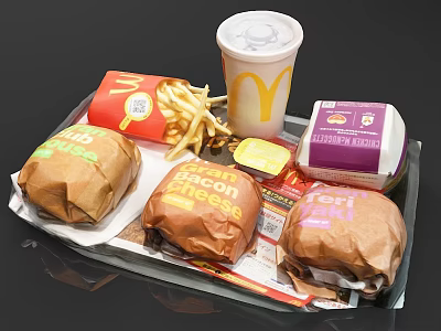 McDonald's Fast Food Meal With Double Cheeseburgers Fries Drink And Apple Pie 3d model