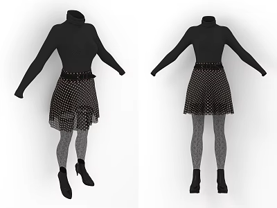 Stylish Black Turtleneck Top With Polka Dot Skirt Gray Striped Leggings And Black High Heels 3d model